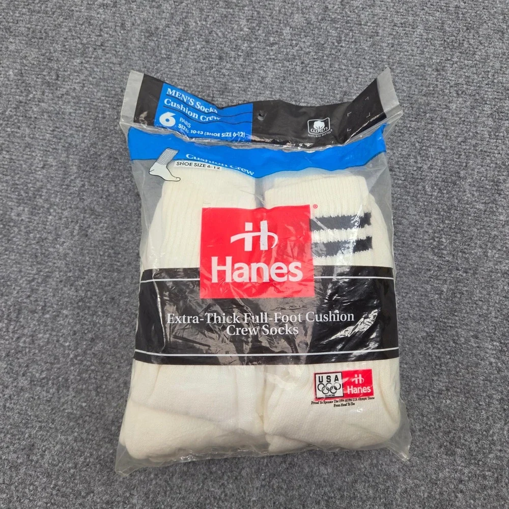 Vintage 90s Hanes Cushion Crew Socks Men Sz 6-12 White 6-Pack Made USA DeadStock